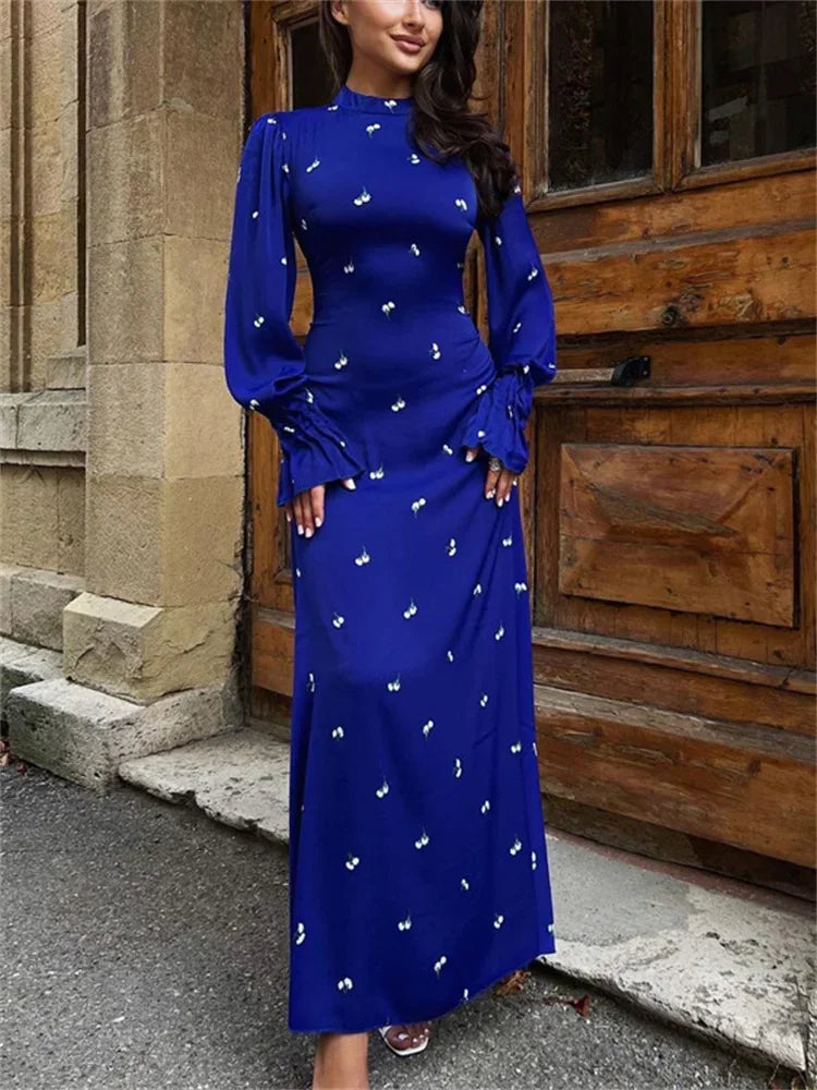 Printed Bandage Long Dress Satin High Street Party Dress Long Sleeve Patchwork Maxi Dress