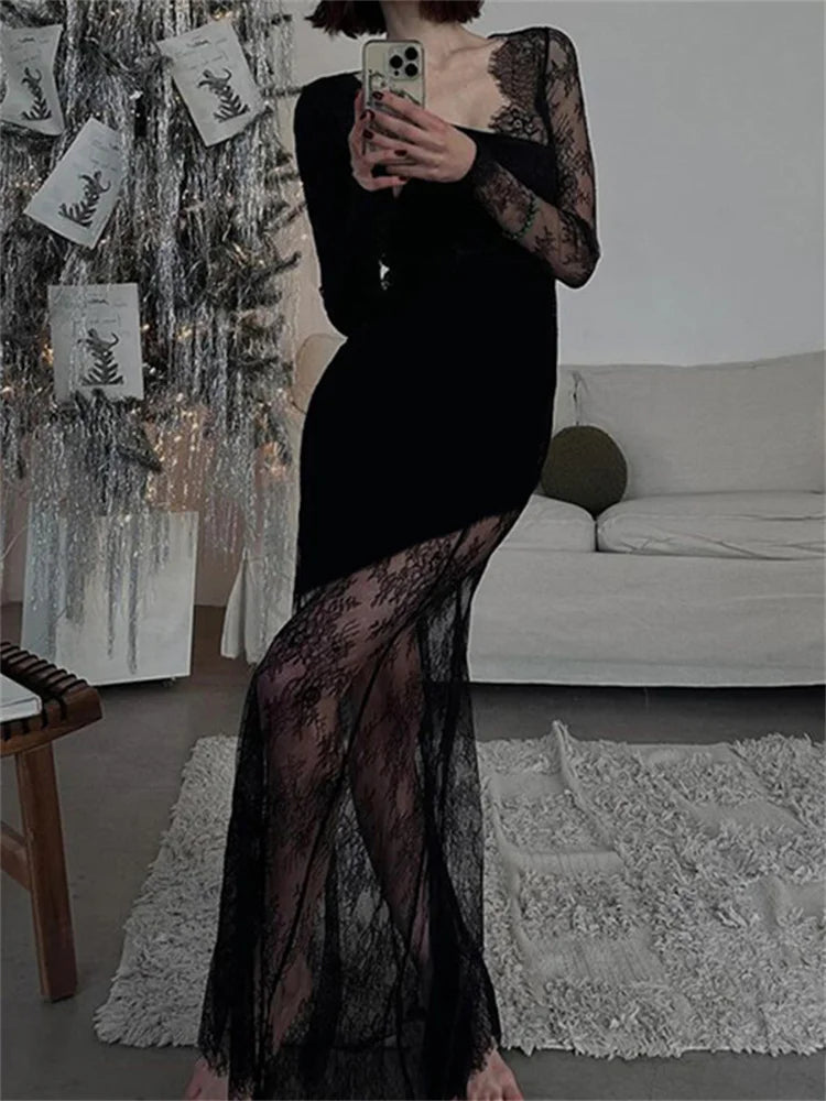 Printed See-through Black Maxi Dress High Waist Lace Slim Mesh Patchwork Long Dress Party Looks Female Dress