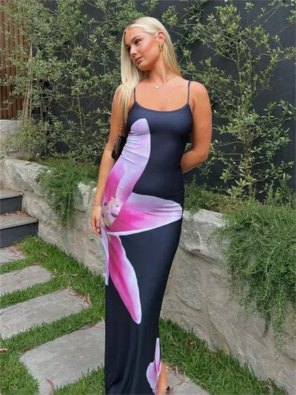 Printed Spaghetti Hot Backless Maxi Dress – ’s Slim Contrast Patchwork Halter Autumn Long Dress