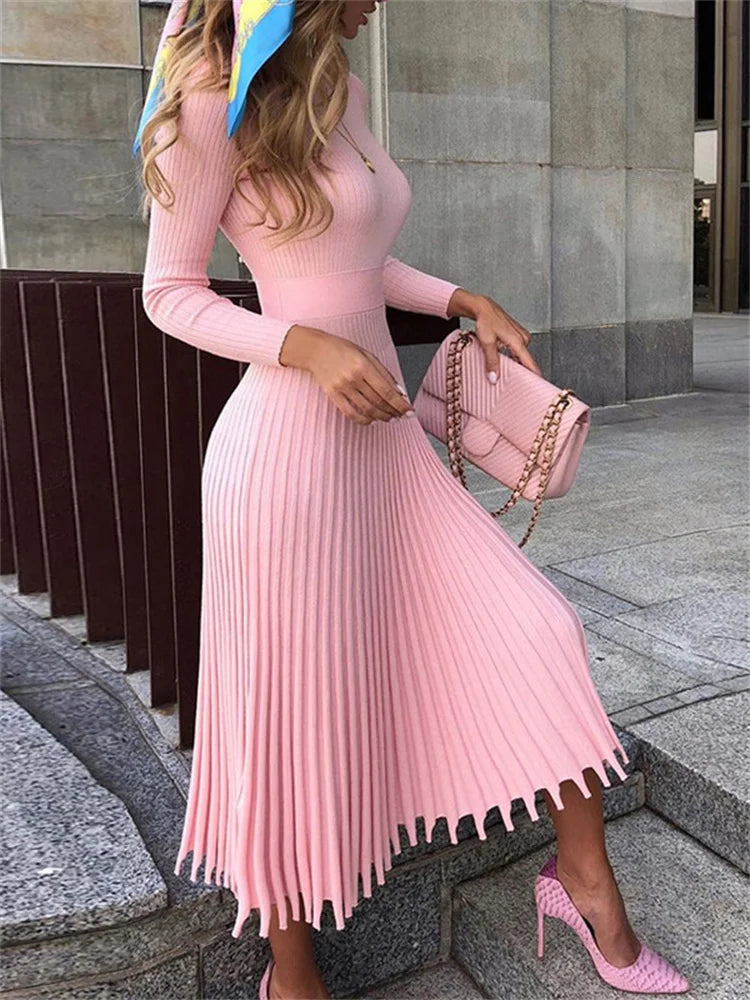 Ribbed Pleated Knit Dress Loose Patchwork Long Sleeve Dress High Waist Knitwear Female Autumn Maxi Dress New