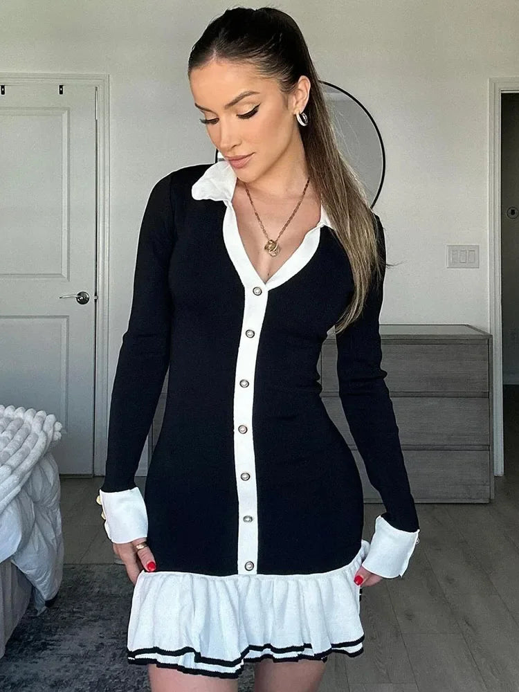 Ruffled Bow Knit Mini Dress ’s Summer Backless Contrast Cardigan Lace-up Dress Female Knitwear Bandage Dress