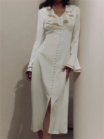 Ruffled for Long Dress V-neck Patchwork Long Sleeve Slim Party Dress Gown White Spring Maxi Dress