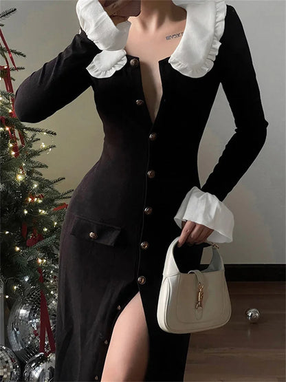 Ruffled Knit Long Dress High Waist Pocket Slim Lapel Patchwork Party Dress Female Autumn Maxi Dress