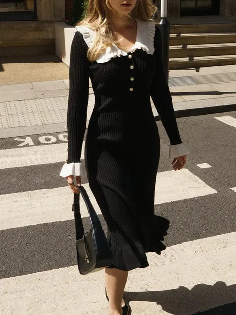 Ruffled Patchwork Knit Maxi Dress for Ribbed Long Sleeve Party Dress Gown Slim Knitwear Long Dress