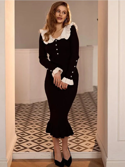 Ruffled Patchwork Knit Maxi Dress for Ribbed Long Sleeve Party Dress Gown Slim Knitwear Long Dress