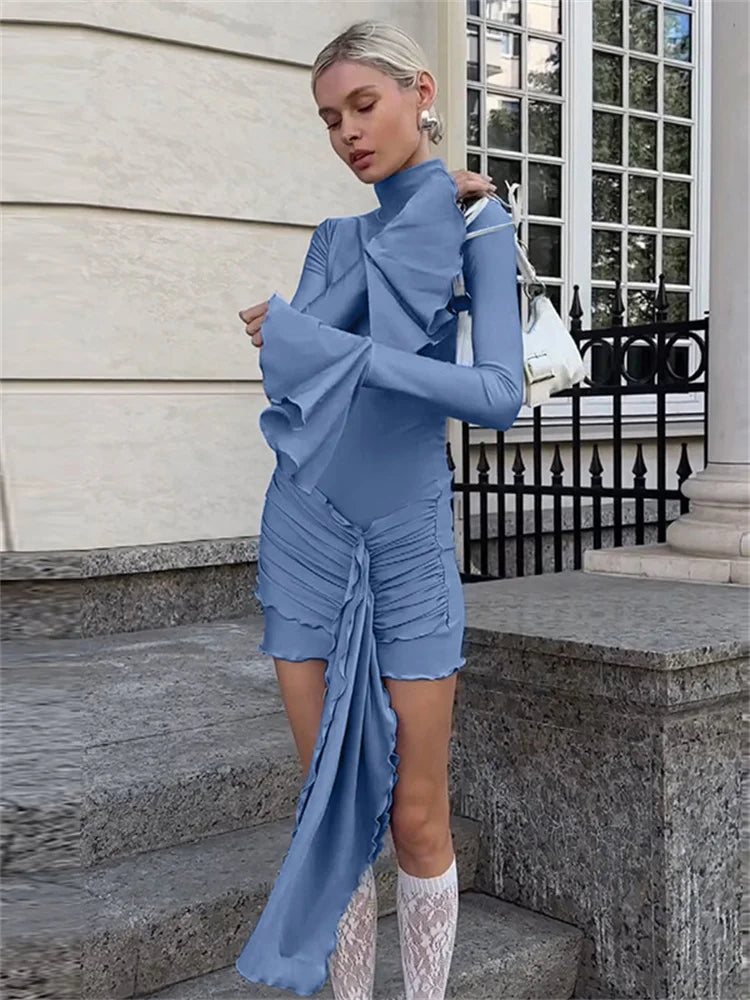 Skinny Ruffled Mini Dress Female Long Sleeve Turtleneck Slim Tassel Party Dress Autumn ’s Dress
