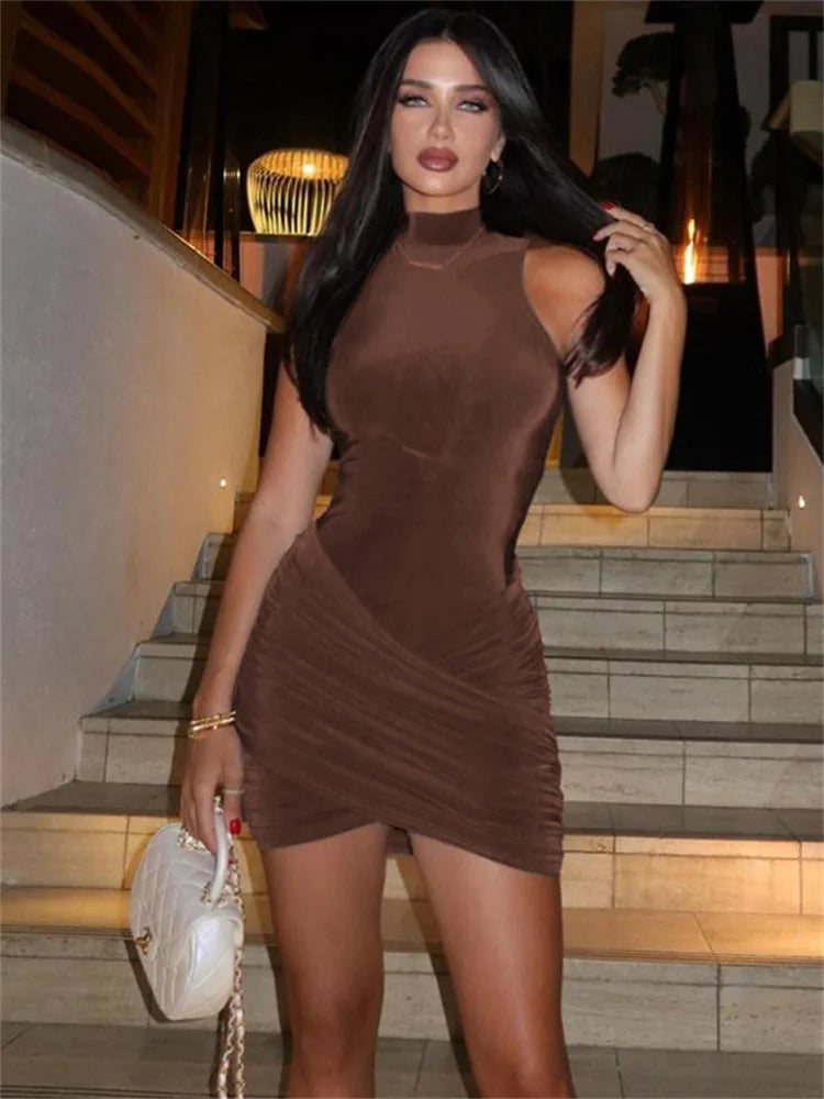 Sleeveless Patchwork Mini Dress Female Skinny Pleated High Waist Dress for Party Dress New