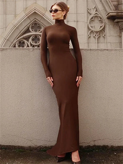 Skinny Turtleneck Backless Maxi Dress ’s Patchwork High Waist Hollow Out Party Dress Female Long Dress