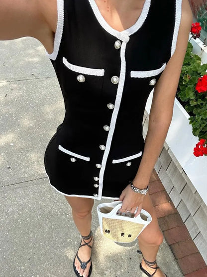 Sleeveless Patchwork Mini Dress With High Waist Pocket Cardigan