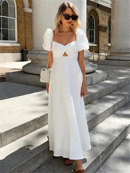 Square Neck Hollow Out White Long Dress for Twist Short Sleeve High Waist Autumn Party Dress ’s Clothes