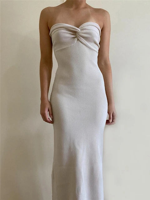 Strapless Knit Maxi Dresses for Summer Beach Party Bodycon Dress Off-shoulder Twist Knitting Evening Backless Dress