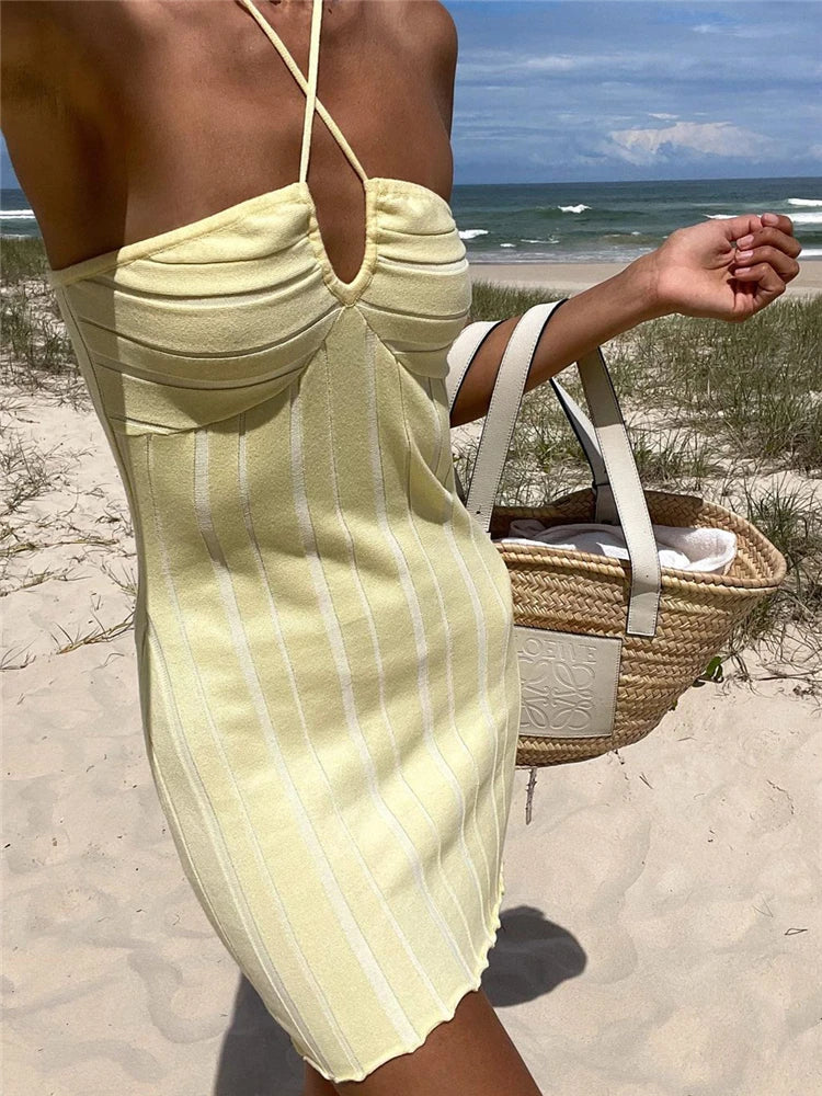 Strapless Knit Mini Dresses Off-shoulder Stripe Knitting Bodycon Dress Summer Beach Party Halter Club