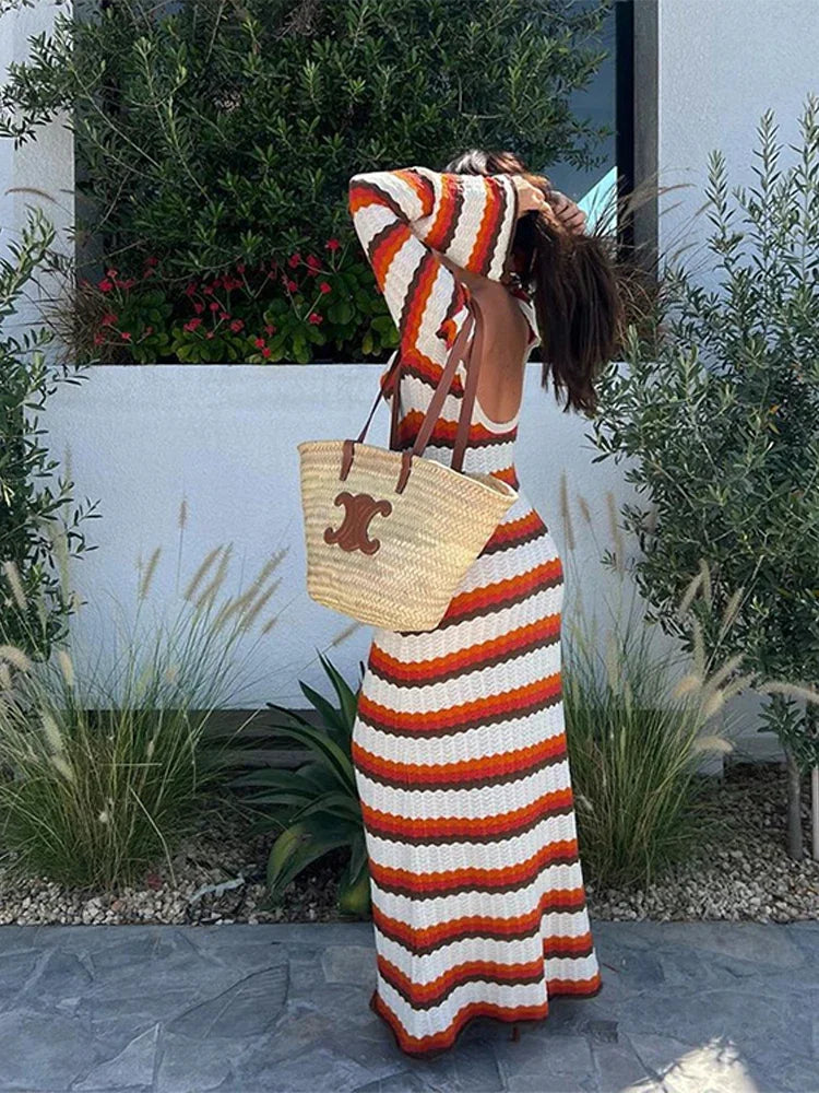 Striped Contrast Knit Maxi Dress Hollow Out Long Sleeve Cover Up Summer Loose Dress High Waist Dress