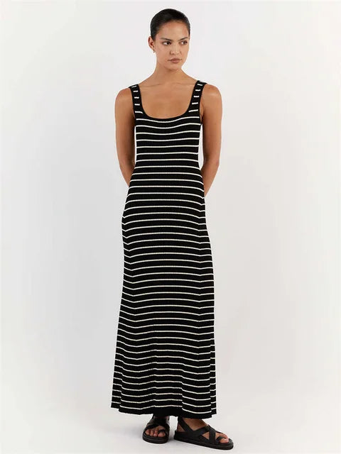 Striped Knit Backless Maxi Dress for Scoop Neck Sleeveless Slim Party Dress Spaghetti Holiday Beach Dress