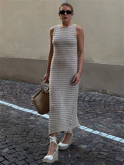 Striped See-through Long Dress Female Sleeveless High Waist Patchwork Beach Dress Knit Maxi Dress Summer