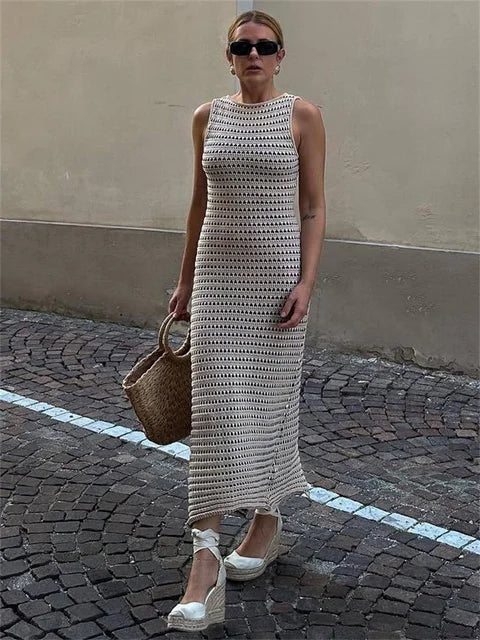 Striped See-through Long Dress Female Sleeveless High Waist Patchwork Beach Dress Knit Maxi Dress Summer
