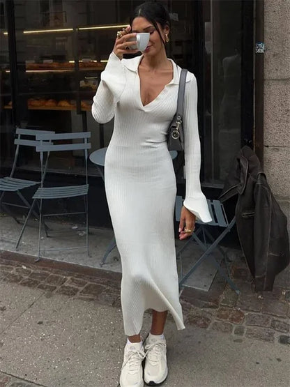 Striped V-neck Knit Maxi Dress for Ribbed Patchwork Slim Long Sleeve Party Dress Loose Knitwear Long Dress