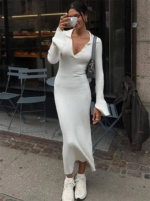 Striped V-neck Knit Maxi Dress for Ribbed Patchwork Slim Long Sleeve Party Dress Loose Knitwear Long Dress