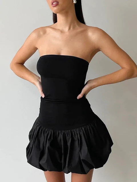 Summer Ruffled Mini Dress for Contrast High Waist Bandeau Patchwork Backless Dress Female Mini Dress