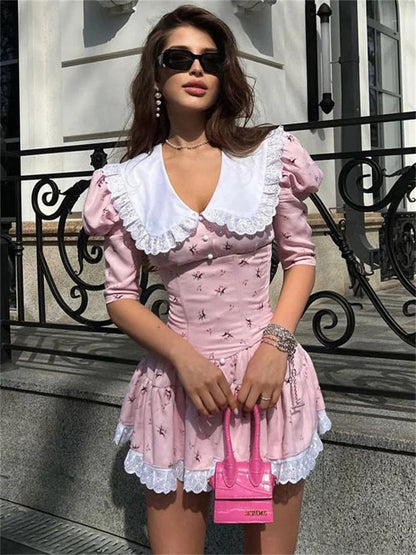 Summer Printed Patchwork Mini Dress Female Vneck Short Sleeve Slim Party Dress Gown for Dress