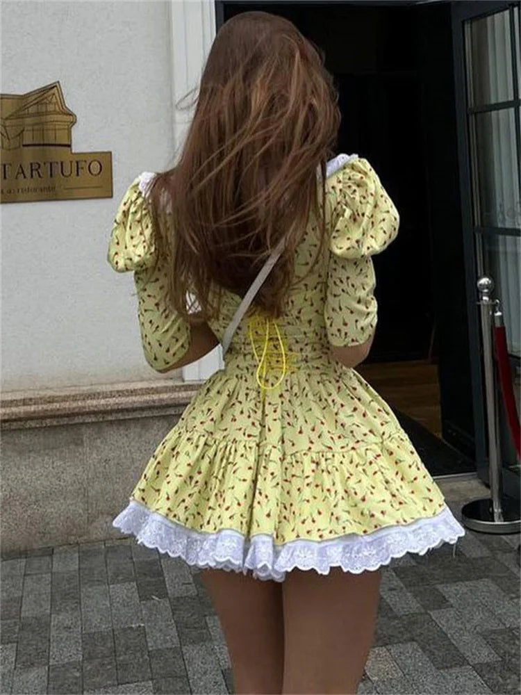 Summer Printed Patchwork Mini Dress Female Vneck Short Sleeve Slim Party Dress Gown for Dress