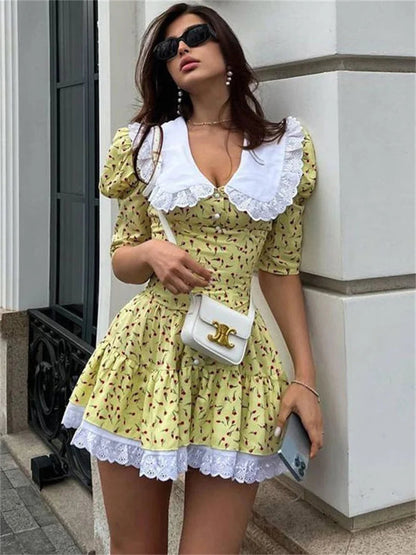Summer Printed Patchwork Mini Dress Female Vneck Short Sleeve Slim Party Dress Gown for Dress