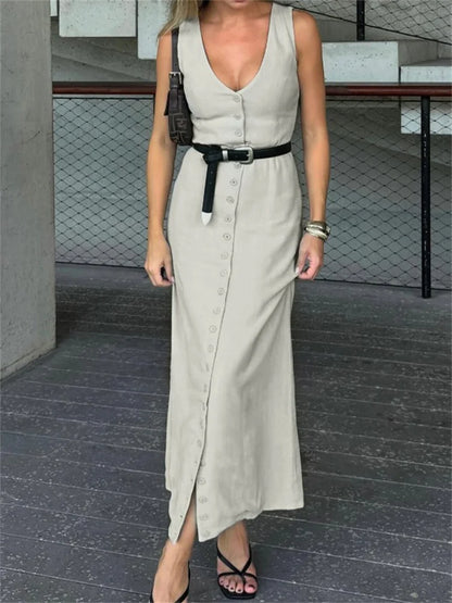 Summer V-neck Long Dress ’s Slim Lace-up High Waist Sleeveless Party Dress Maxi Dress New