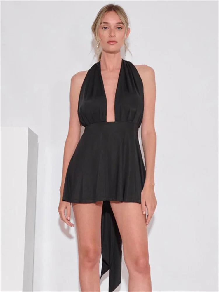 V-neck Backless Bandage Mini Dress