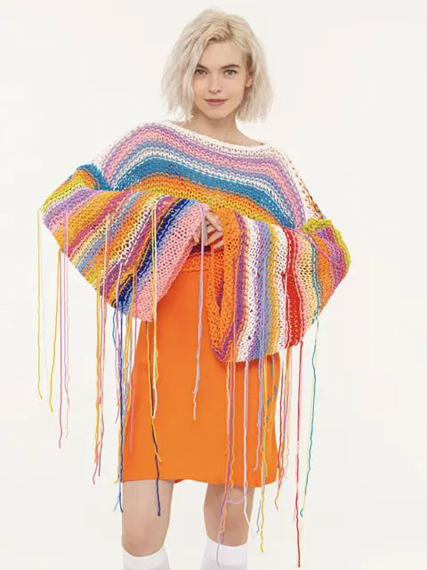 Knitted Tassels Cover Ups for Swimwear Loose Rainbow Shirt Sweater Holiday Crop Pullover Femme