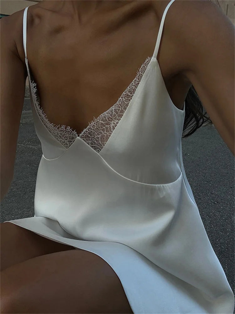 V-neck White Spaghetti Mini Dress