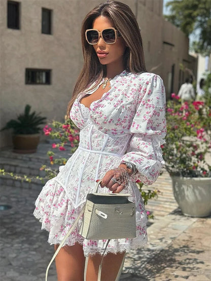 V-neck Printed Lace Mini Dress Female Ruffled High Waist Patchwork Contrast Slim Bandage Summer Party Looks Dress