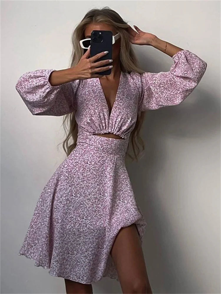 V-neck Printed Mini Dress for Summer Hollow Out Long Sleeve Dress Outfits Patchwork Slin Dress