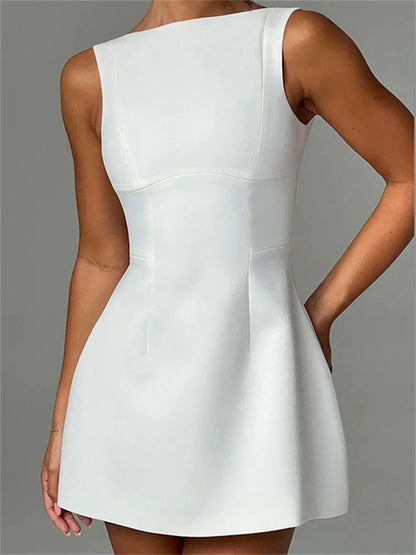 White Backless Slim Mini Dress Female Patchwork Summer Party Looks Dress Mini Dress