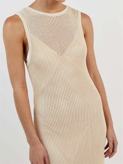 White Crochet Hollow Out Midi Dress for Long Sleeve Dress Beach Holiday See-through Summer Dress Cover-up