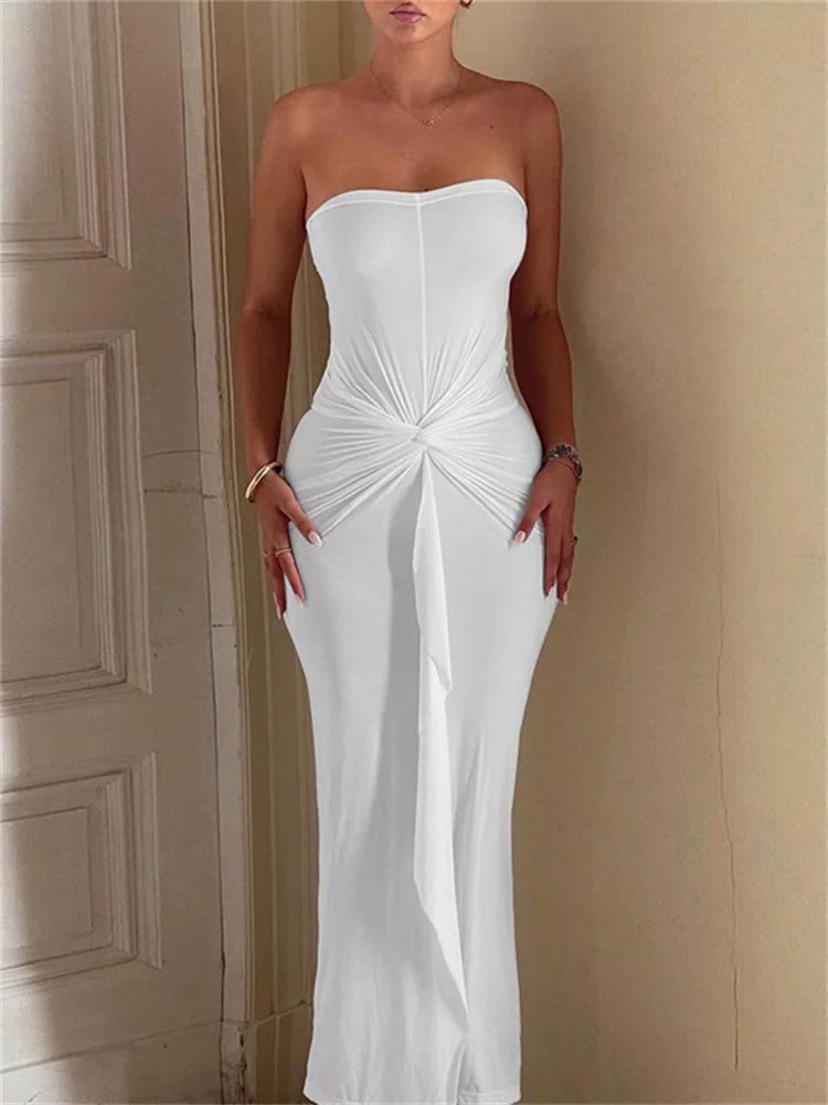 White Pleated Long Dress Bandeau Slim Backless High Waist Lace-up Party Dress Female Autumn Maxi Dress