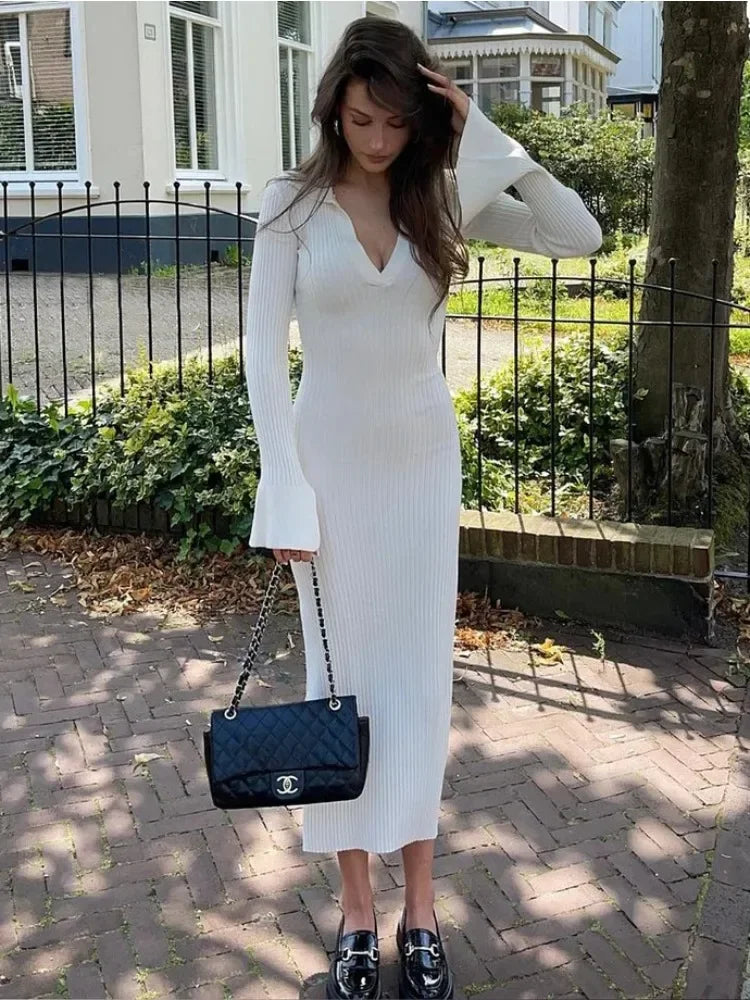 White High Waist Knitwear Dress Rib Lapel Autumn Slim Long Dress Knit Party Dress