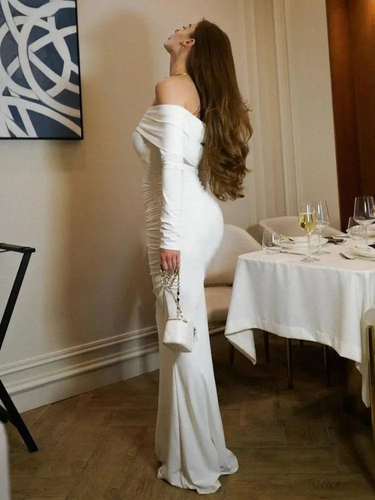 White Pleated Slim Maxi Dress for Patchwork Off-shoulder High Waist Dress Party Dress