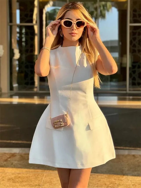 White Slim ’s Mini Dress Sleeveless Pocket High Waist Party Dress Patchwork Dress