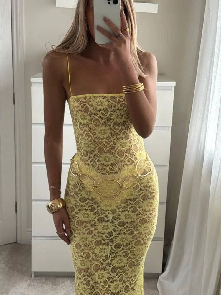 Yellow Printed See-through Maxi Dress Female Backless Slim High Waist Halter Dresses Bandage Spaghetti Dress