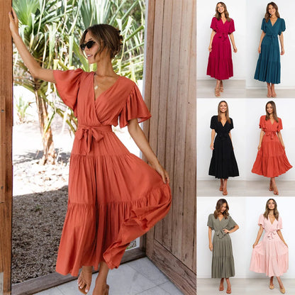 Color Ruffles Long Dresses V-neck Ruffle Sleeves Leace-up Temperament Lady Dress Summer New