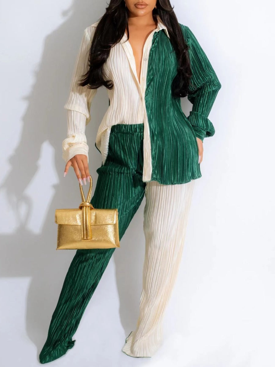 Ruched Patchwork Loose Pants Set Bo1149