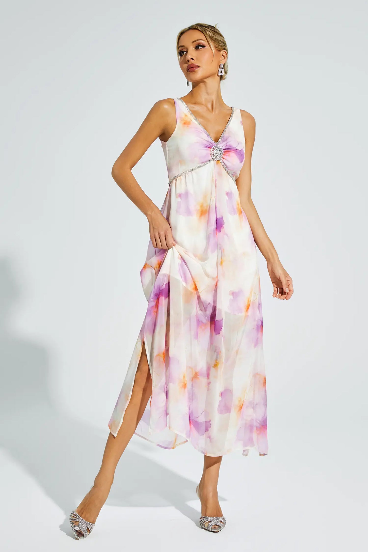 Tyler Purple Diamond V Neck Midi Dress