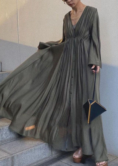Unique Army Green Cinched Patchwork Cotton Long Dresses Flare Sleeve Ly1312