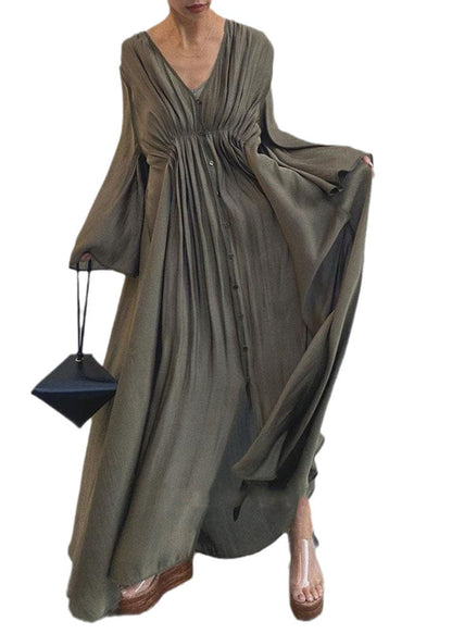 Unique Army Green Cinched Patchwork Cotton Long Dresses Flare Sleeve Ly1312