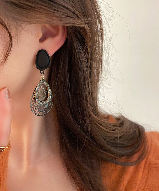 Unique Black Alloy Zircon Water Drop Hollow Out Drop Earrings