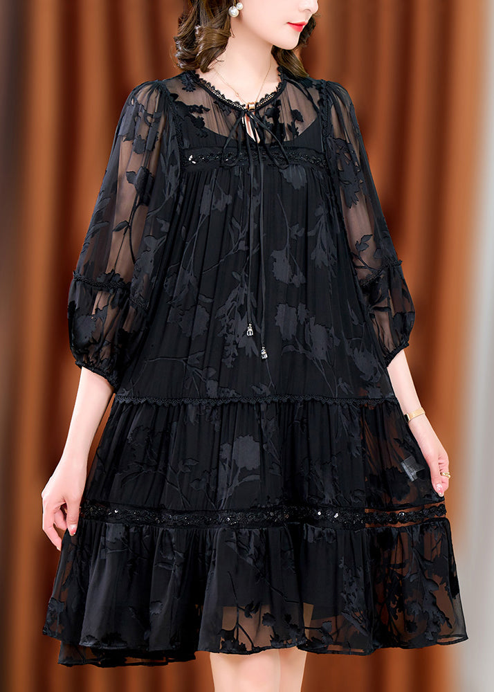 Unique Black Oversized Jacquard Chiffon Maxi Dress Summer Yy018