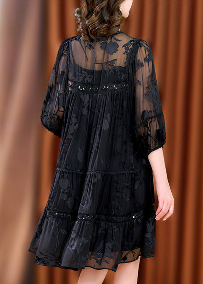 Unique Black Oversized Jacquard Chiffon Maxi Dress Summer Yy018