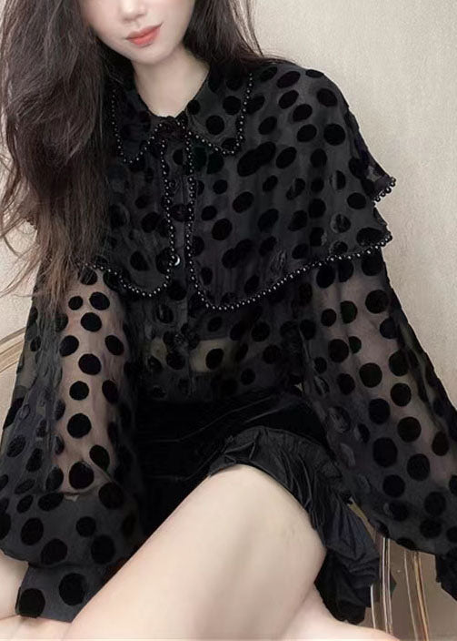 Patchwork Black Unique Velour Blouses Nail Collar Pan Bead Peter
