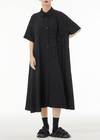 Unique Black Peter Pan Collar Patchwork Button Cotton Long Dress Summer Ts1038