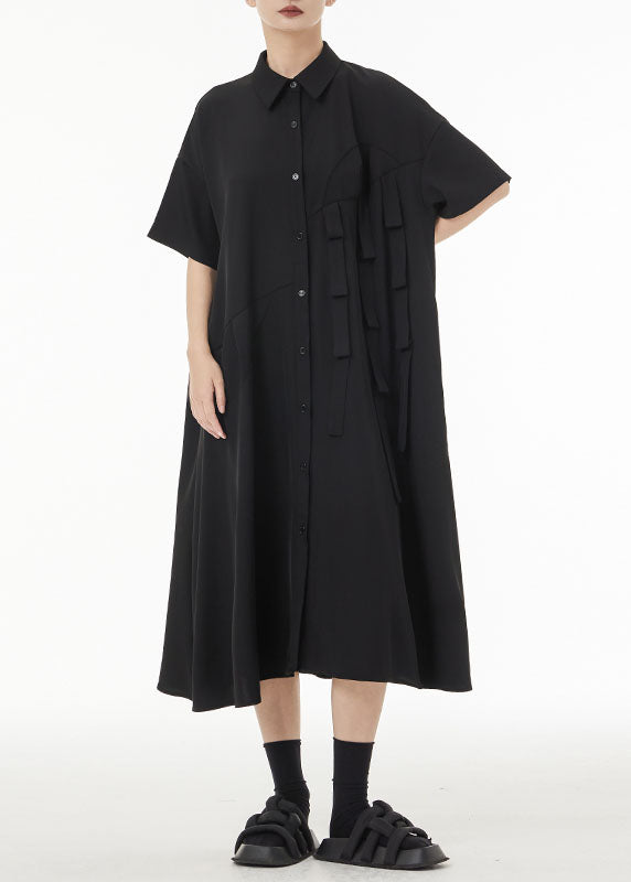 Unique Black Peter Pan Collar Patchwork Button Cotton Long Dress Summer Ts1038